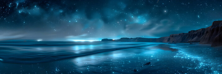 Bioluminescent Coastal Bliss: Serene Shoreline Illuminated by Celestial Reflections in Photo Stock Concept