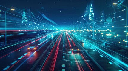 Fototapeta premium The impact of car headlights on the expressway. Low-poly construction of fine lines. Blue background