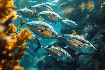 An underwater scene showing a group of tuna fishes swimming in unison past vibrant coral formations...