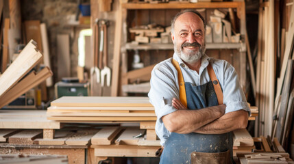 A portrait of smiling male carpenter standing in front of his woodwork workshop