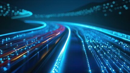 Fototapeta premium The impact of car headlights on the expressway. Low-poly construction of fine lines. Blue background
