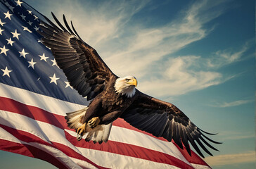 Naklejka premium The national symbol of the USA. Eagle flying with USA flag in the background. Digital art. ai generated