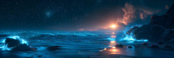 Enchanting Coastal Rocks illuminated by Bioluminescence in Otherworldly Landscape   Photo Stock Concept