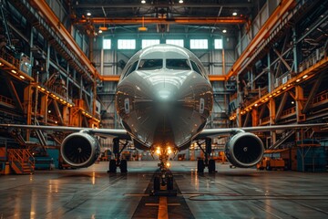 Direct frontal shot of a grounded airplane undergoing meticulous maintenance checks in a spacious aircraft hangar facility