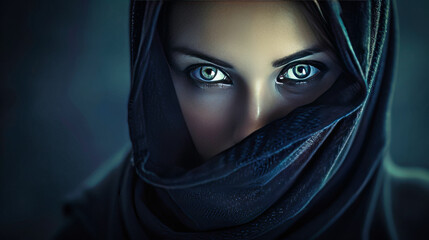 Naklejka premium A closeup portrait of a mysterious young woman looking at camera