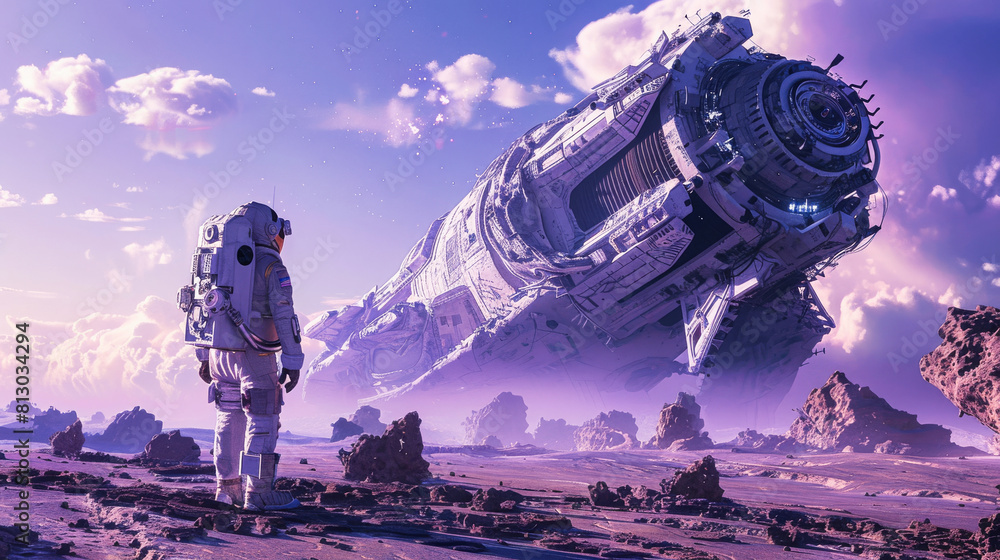 Poster an astronaut on an alien planet standing near a high tech intricate ancient alien structure or stars