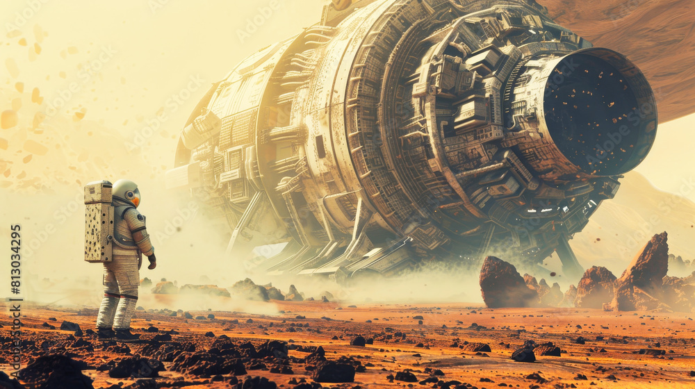 Poster an astronaut on an alien planet standing near a high tech intricate ancient alien structure or stars