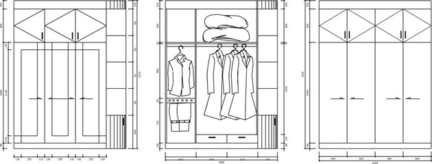 Vector sketch illustration of design for clothes cupboard furniture for home interior with size scale