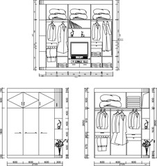 Vector sketch illustration of design for clothes cupboard furniture for home interior with size scale