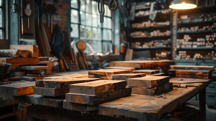 A carpentry workshop with wood and tools.