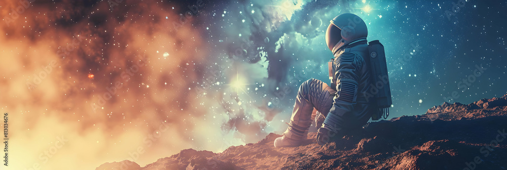 Poster exploring cosmic radiation: scientists investigating effects on astronauts and spacecraft in photo r