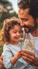 A young child proudly presents a father's day card and a single wildflower to their father, who smiles with love.
