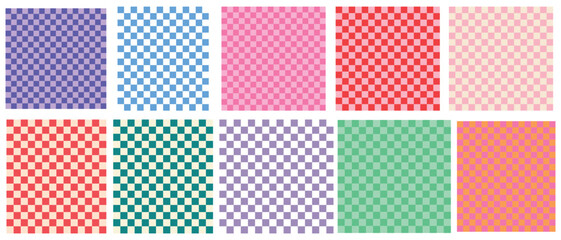 Colorful trendy checkerboard square seamless pattern collection. Set of geometric modern pastel square background in vintage style. Funky hippie fashion textile print, retro background. eps 10