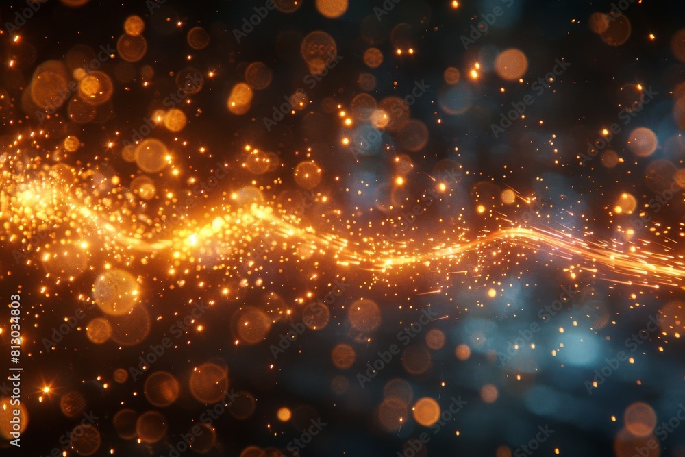 Poster beautifully rendered golden particles flowing with bokeh effect creating a sense of motion and energ