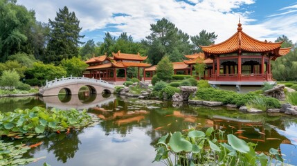 Naklejka premium Chinese garden with traditional architecture, including pagodas and arched bridges