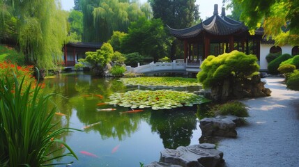Fototapeta premium Chinese garden with traditional architecture, including pagodas and arched bridges