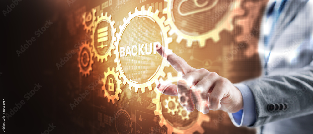 Aufkleber backup storage data technology business concept. software hardware infrastructure