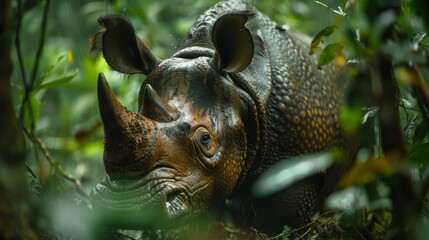 Obraz premium The image shows a Sumatran rhinoceros in the jungle