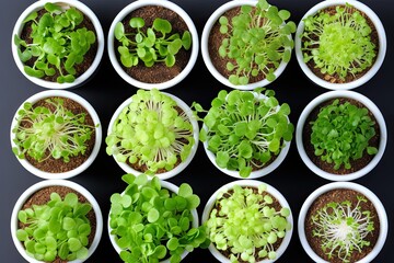 Obraz premium Sprouts in white bowls, view from above. Sprouting microgreens