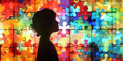 Fototapeta premium Autistic Pride Day, World Autism Awareness, silhouette of a little boy on the background of a multi-colored puzzle wall, side view, rainbow background of puzzle details