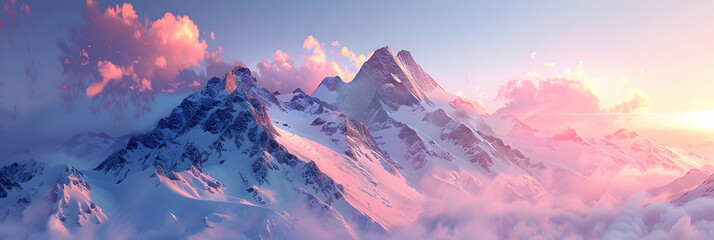 Dawn Over Snowy Peaks: Early Morning Light Bathing Snow Capped Peaks in Warm Glow, Serene Start to Day   Photo Realistic Concept