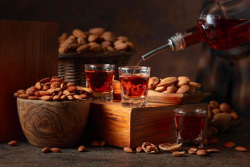 Italian liqueur Amaretto with almonds nuts.