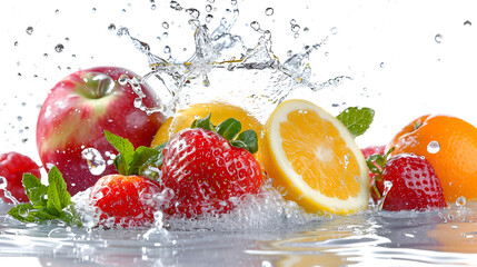 assorted fresh fruits with water splashes isolated on white background ,Water splash with fruits and berries isolated on white background