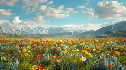 Photo realistic depiction of Desert Wildflowers in Bloom capturing the resilience and vibrant life of Desert landscapes with an unexpected explosion of colorful wildflowers