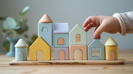 A child's hand playing with colorful wooden toy houses.