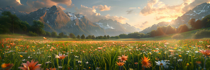 Peaceful Evening Serenity in Alpine Meadows Captured at Sunset, Ideal for Nature Concept in Photo Realistic Style on Adobe Stock