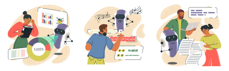 Entrepreneur, musician and copywriter characters using AI