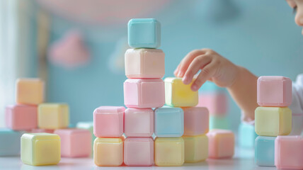 Child stacking colorful blocks