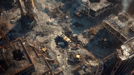 Fototapeta premium The image shows the aftermath of a natural disaster. The city is in ruins, with buildings destroyed and debris everywhere. The scene is one of devastation and despair.