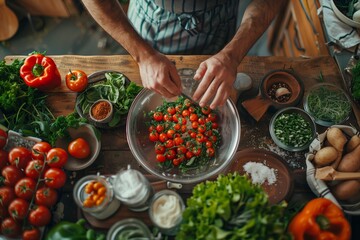 Overhead view of hands sprinkling herbs on cherry tomatoes with fresh vegetables and seasoning surrounding on a rustic wooden countertop. AI Generated - Powered by Adobe