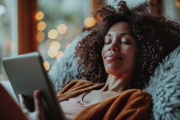 A woman lounges comfortably at home, engrossed in her tablet, surrounded by warm ambient lighting, representing the ease of accessing online counseling. AI Generated.