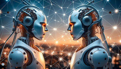 Dos robots encarados sobre un fondo neuronal iluminado. 2024