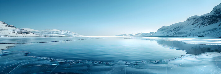 Photo realistic Frozen Serenity: Ice forms over serene winter lake, creating silent frozen landscape under clear blue sky