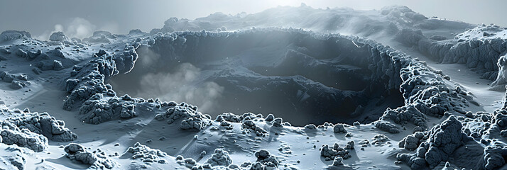 Frozen Volcanic Crater: A stunning photo realistic image capturing the icy cover atop a dormant volcano, contrasting with dark volcanic rock beneath. Unique concept in Photo Stock.
