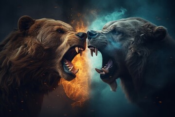 Two bear faces facing each other against a dark background