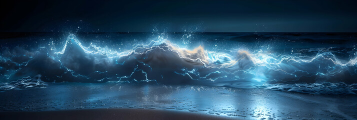 Photo realistic image of glowing waves at midnight capturing a unique natural light spectacle on a bioluminescent beach   captivating midnight ocean waves glowing vibrantly