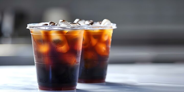 Iced Coffee in Plastic Cup on White Background with Space for Text. Concept Food Photography, Beverage Advertising, Product Styling, Minimalistic Backgrounds, Branding Concepts