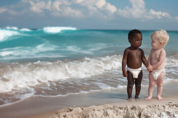 Two babies of different backgrounds and skin tones holding hands on a beach. Diversity and multiculturalism welcoming the summer vacations.