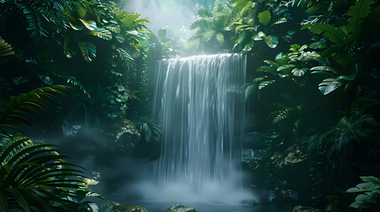 A Secluded Waterfall Cascading through Lush Tropical Foliage: Serene Rainforest Escape   Photo Realistic Hidden Waterfall Concept
