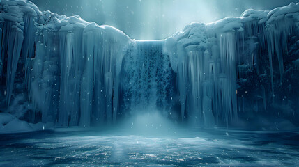 Icy Waterfall Spectacle: A Photo Realistic Frozen Landscape Capturing Nature s Flow in Winter Stock...