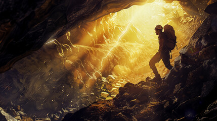 Spelunker, Helmet, Fearless caver, Venturing into a dark, winding cave labyrinth with streams of...