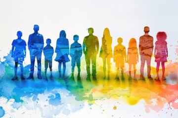 Various aged children in colorful silhouettes against a bright backdrop