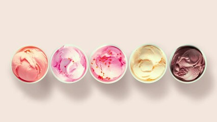 Ice cream row assortment multicolored top view turning around dessert summer sweets tasty unhealthy food refreshing cool