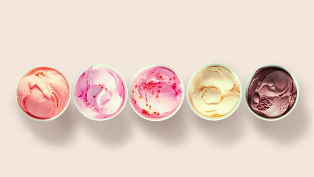 Ice cream row assortment multicolored top view turning around dessert summer sweets tasty unhealthy food refreshing cool