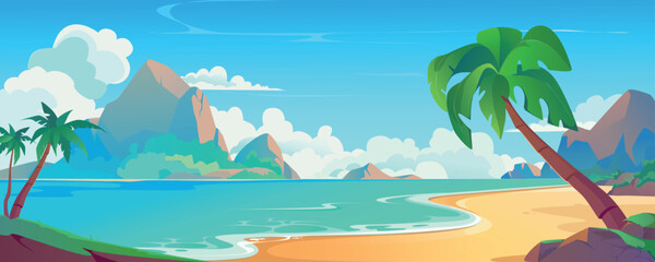 Sea beach background banner in cartoon design. Tropical sand lagoon landscape with palm trees, mountain rocks with day clouds, ocean waves. Summertime seaside idyllic view. Vector cartoon illustration