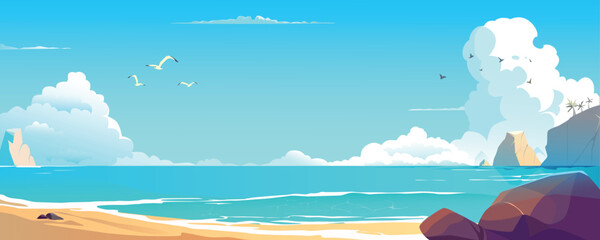 Sea bay background banner in cartoon design. Tropical sand beach landscape with stones, palm trees on rocks, ocean coastline with day clouds, flying seagulls and birds. Vector cartoon illustration